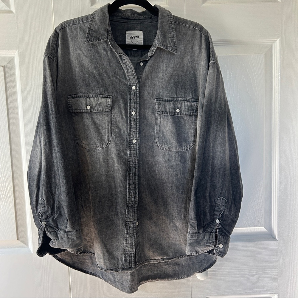 Aerie Anytime Fave Shirt Oversized Chambray Charcoal Button Down Shirt- Size M
